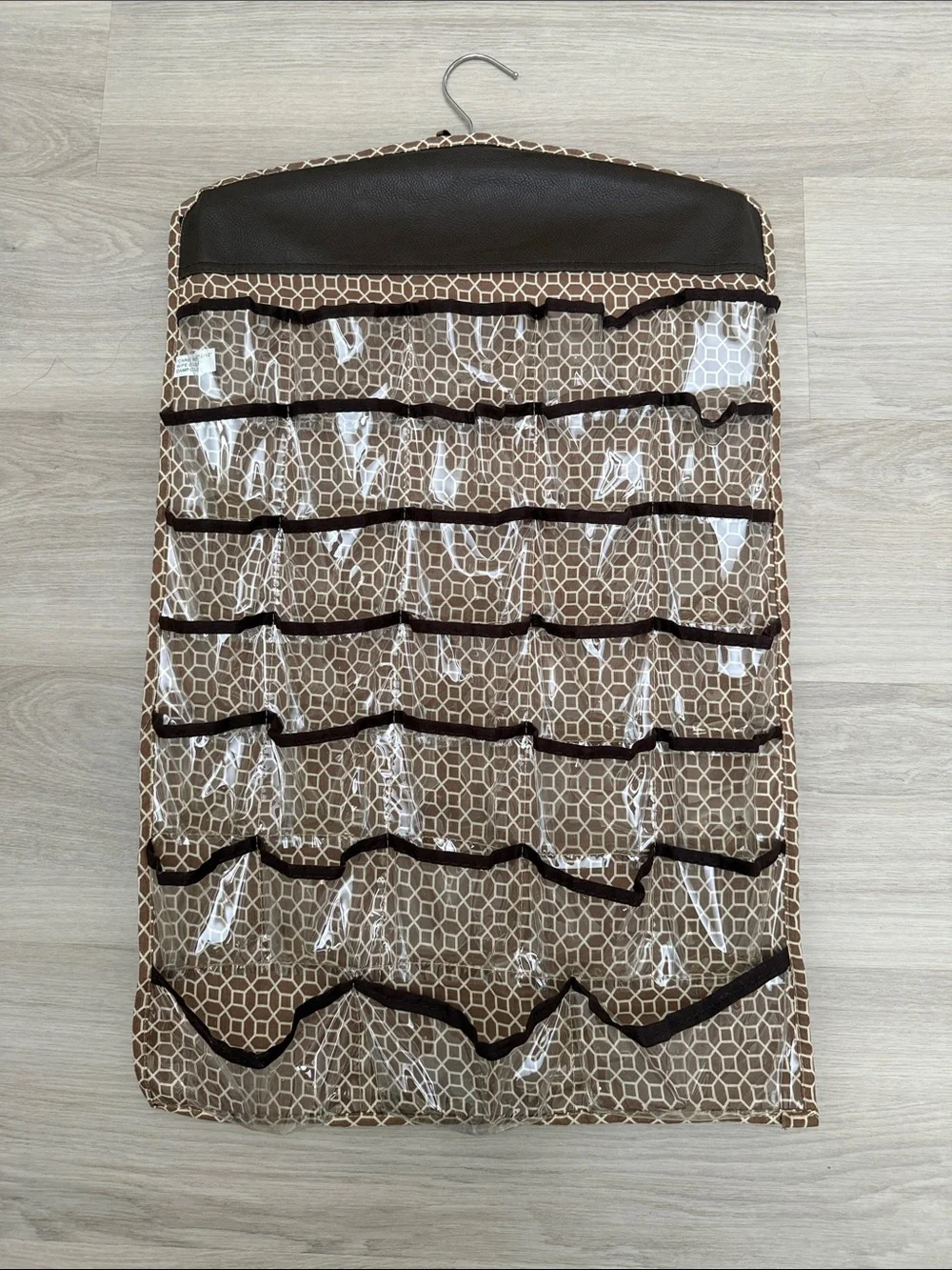 Laura Ashley Brown & Cream Hanging Jewelry Organizer with Clear Pockets